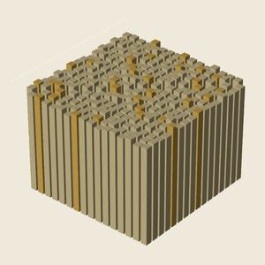Animated 3D bar chart of the pheromone matrix. Bars for most city pairs stay low and shrink toward zero, while seventeen bars corresponding to the optimal tour's edges grow tall and turn gold, with a slow camera rotation throughout.