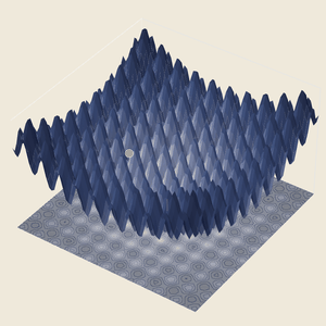 Animated 3D shaded-relief terrain with a gold marker rolling across it, tracking the running-best solution as the camera slowly pans around the scene.