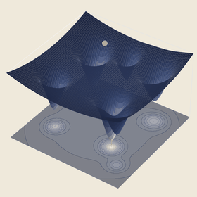 Animated 3D shaded-relief energy surface with two markers, one tracking the current wandering point and one tracking the best point found so far, with a slow camera rotation as the search settles into the deepest well.